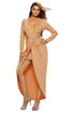 Light Coffee Cut Out Drape Slit Long Sleeve Maxi Dress
